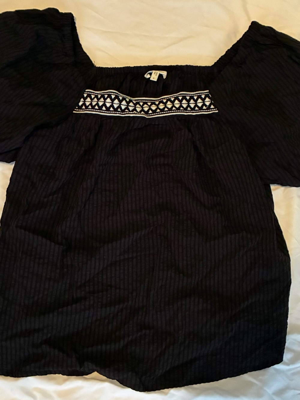 Black Peasant Top with White Embroidered Yoke